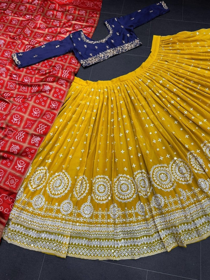 Yellow tapeta silk heavy embroidery work haldi ceremony lehenga choli