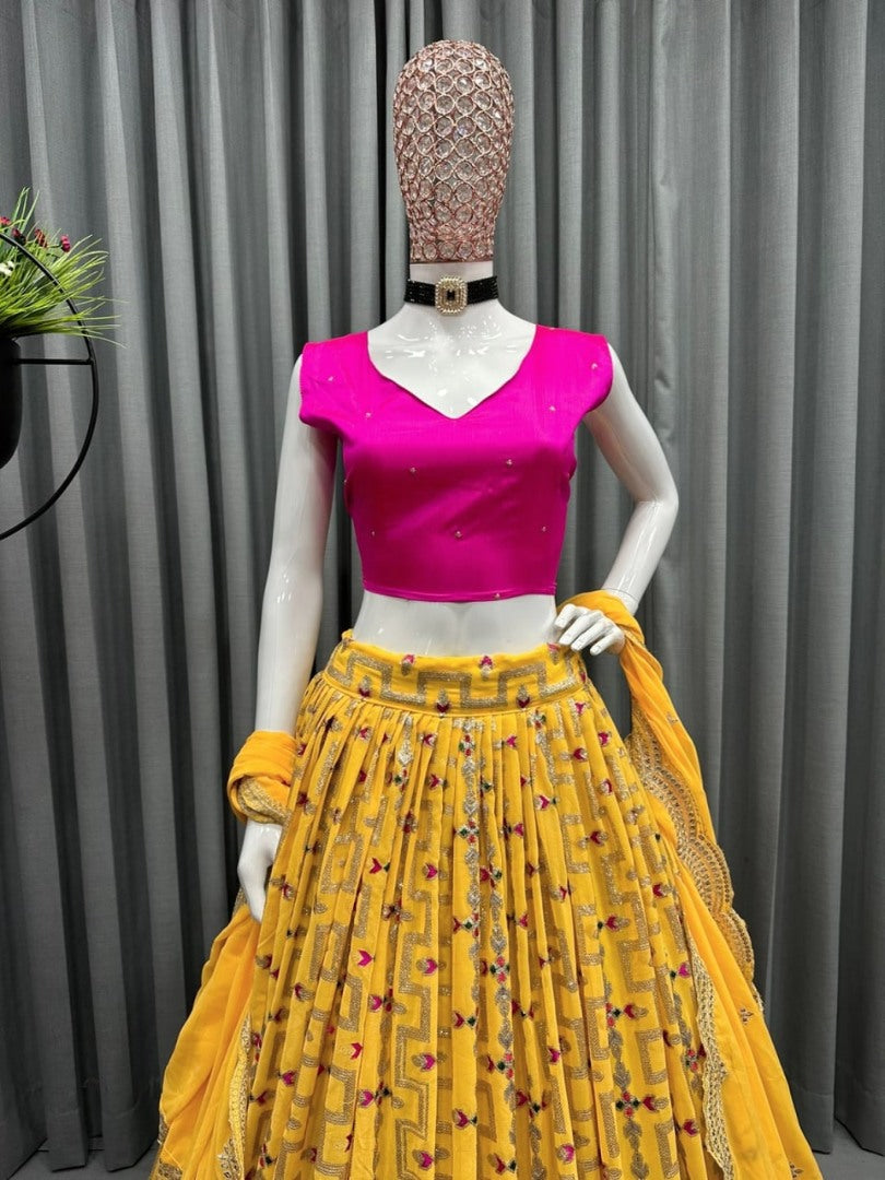 Yellow tapeta silk heavy embroidery work lehenga choli for haldi ceremony