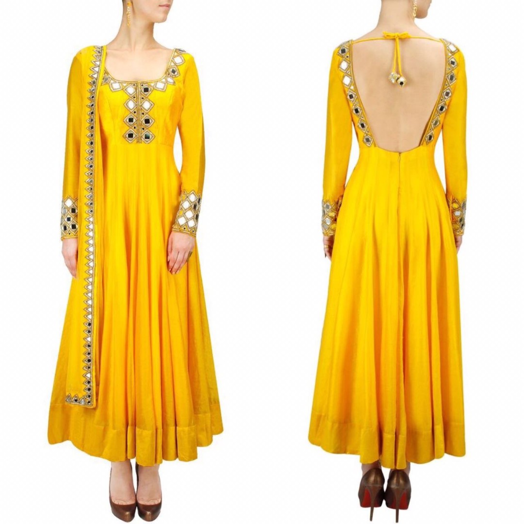 yellow tapeta silk mirrow worked anarkali suit