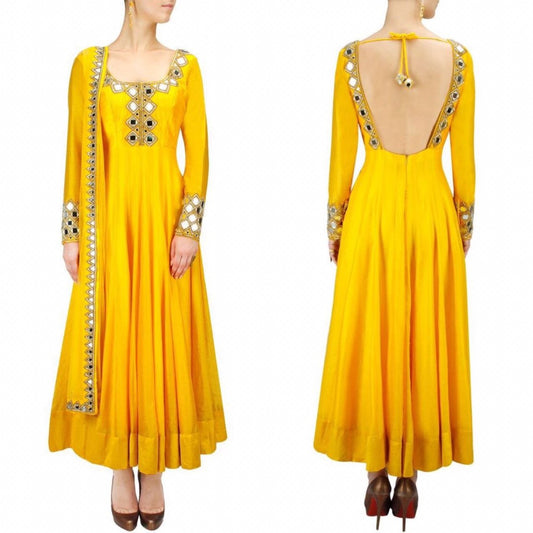 yellow tapeta silk mirrow worked anarkali suit