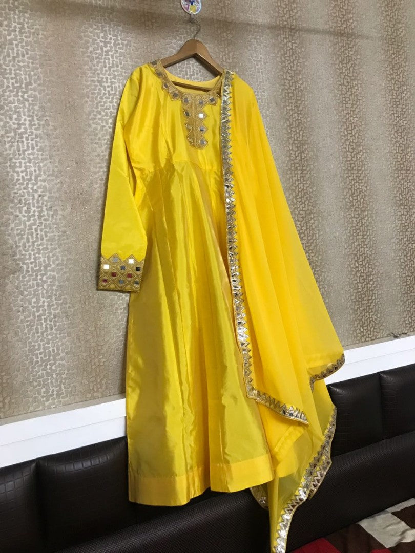 yellow tapeta silk mirrow worked anarkali suit