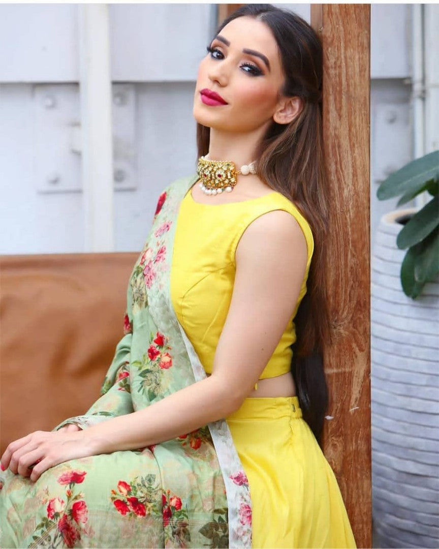 yellow tapeta silk plain party festival wear lehenga with printed dupatta