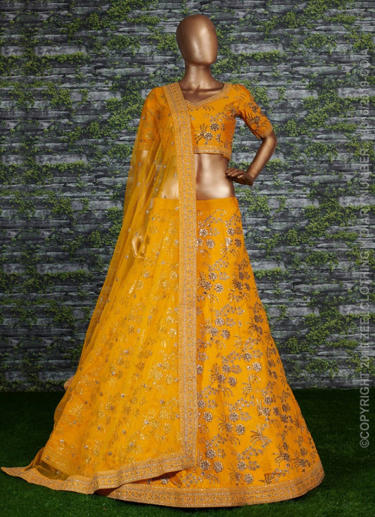 Yellow thai silk heavy zari and sequence worked designer bridal lehenga choli