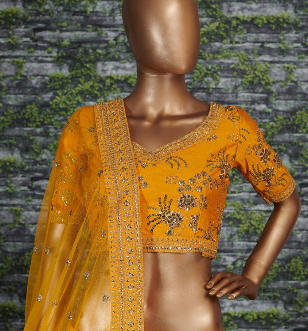 Yellow thai silk heavy zari and sequence worked designer bridal lehenga choli