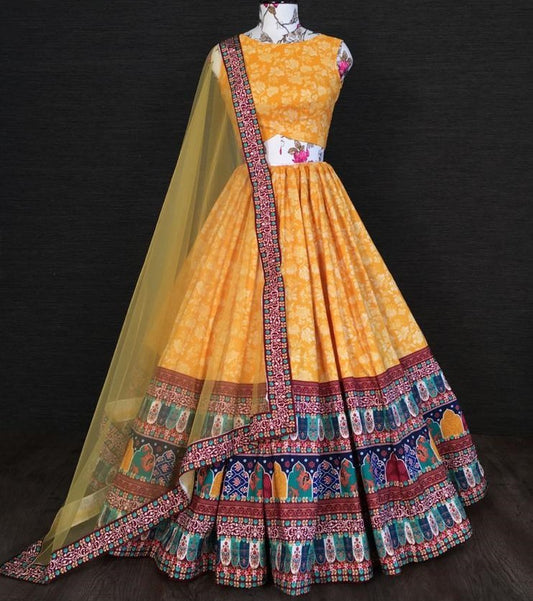Yellow vaishali silk digital printed ceremonial lehenga choli