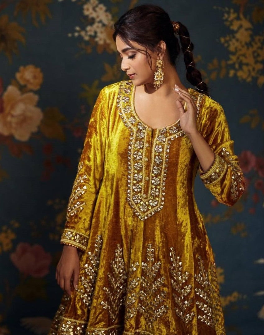 Yellow velvet embroidered salwar suit