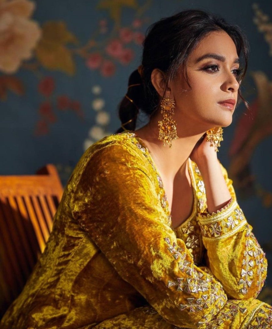 Yellow velvet embroidered salwar suit