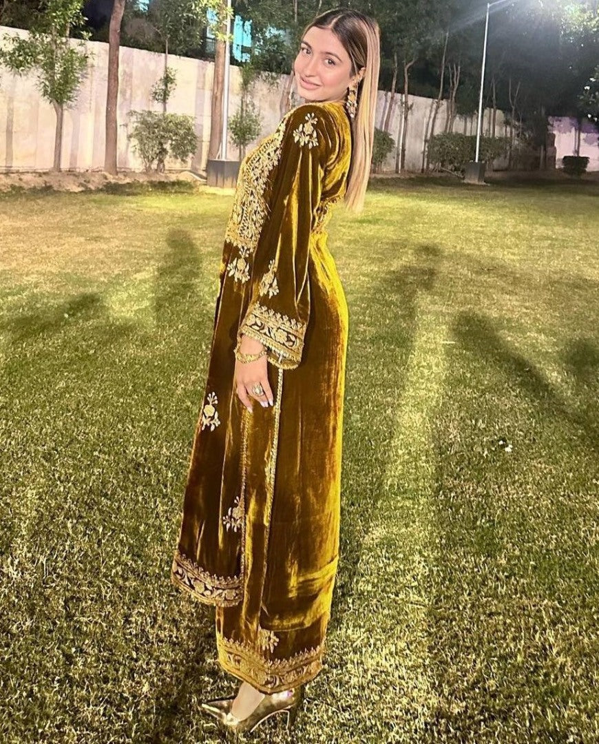 Yellow velvet heavy embroidered wedding palazzo suit