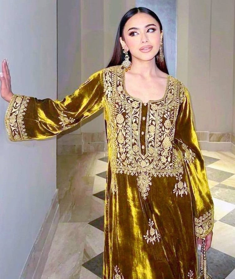 Yellow velvet heavy embroidered wedding palazzo suit