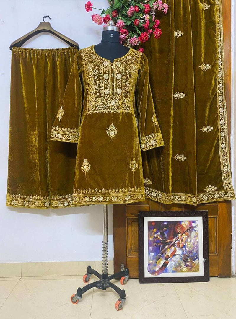 Yellow velvet heavy embroidered wedding palazzo suit