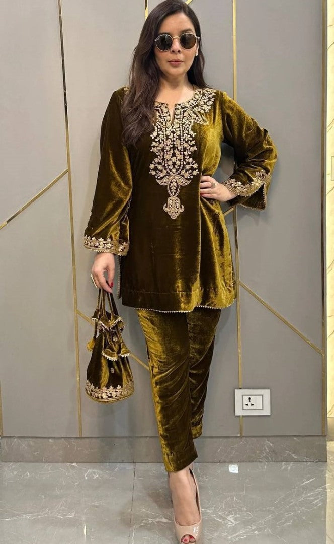 Yellow velvet party wear pant suit