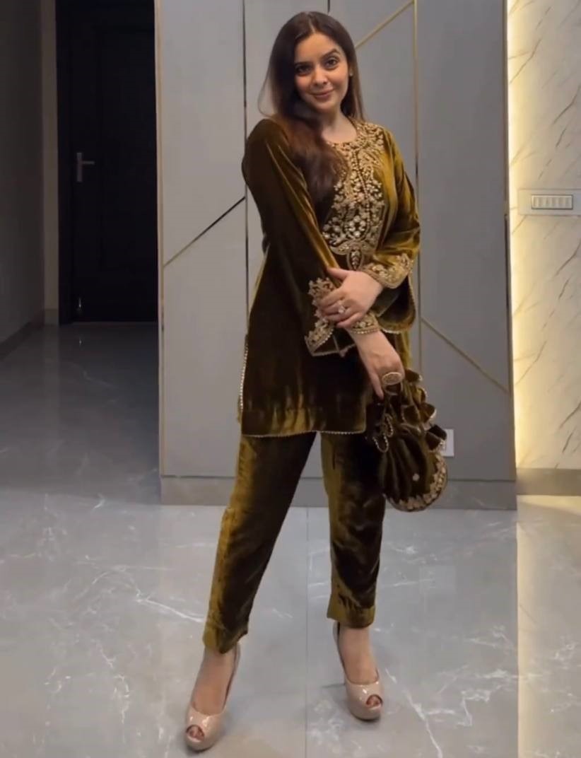 Yellow velvet party wear pant suit