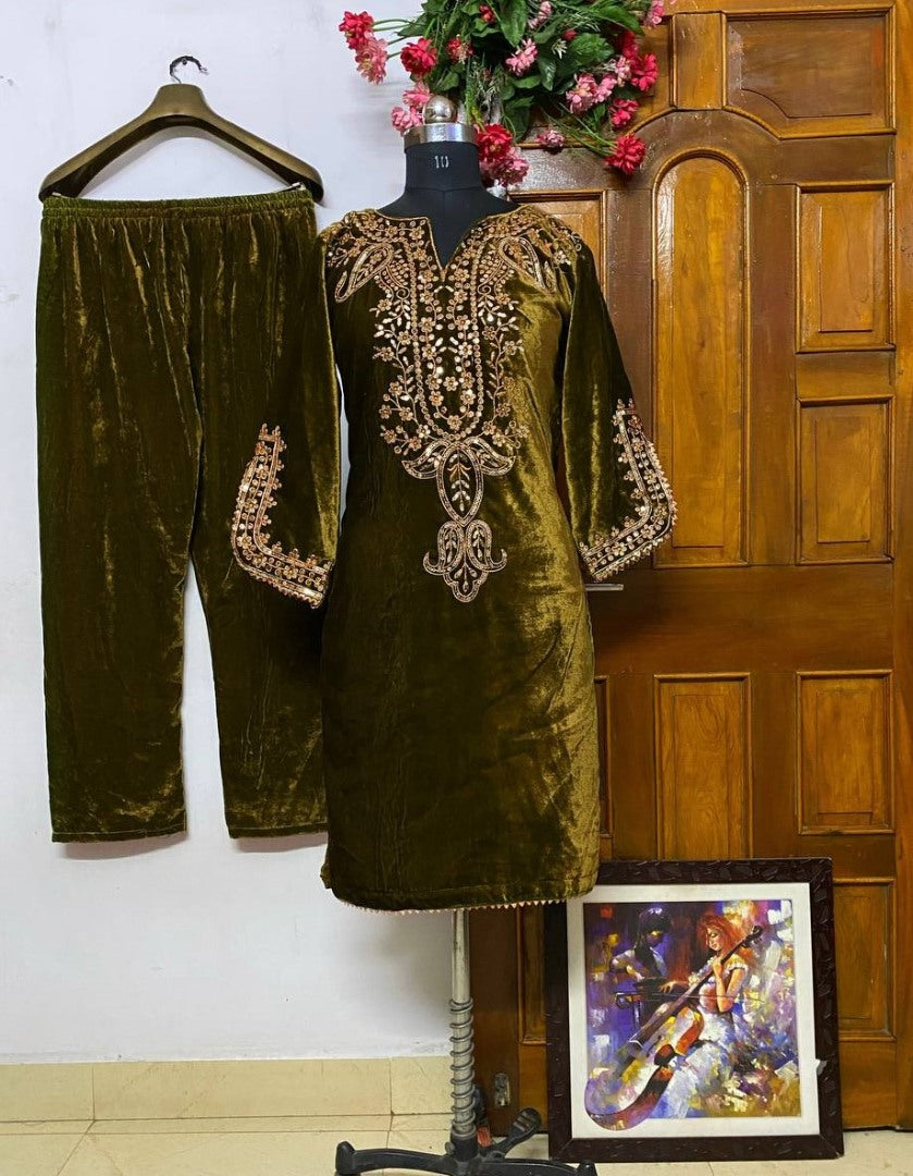 Yellow velvet party wear pant suit