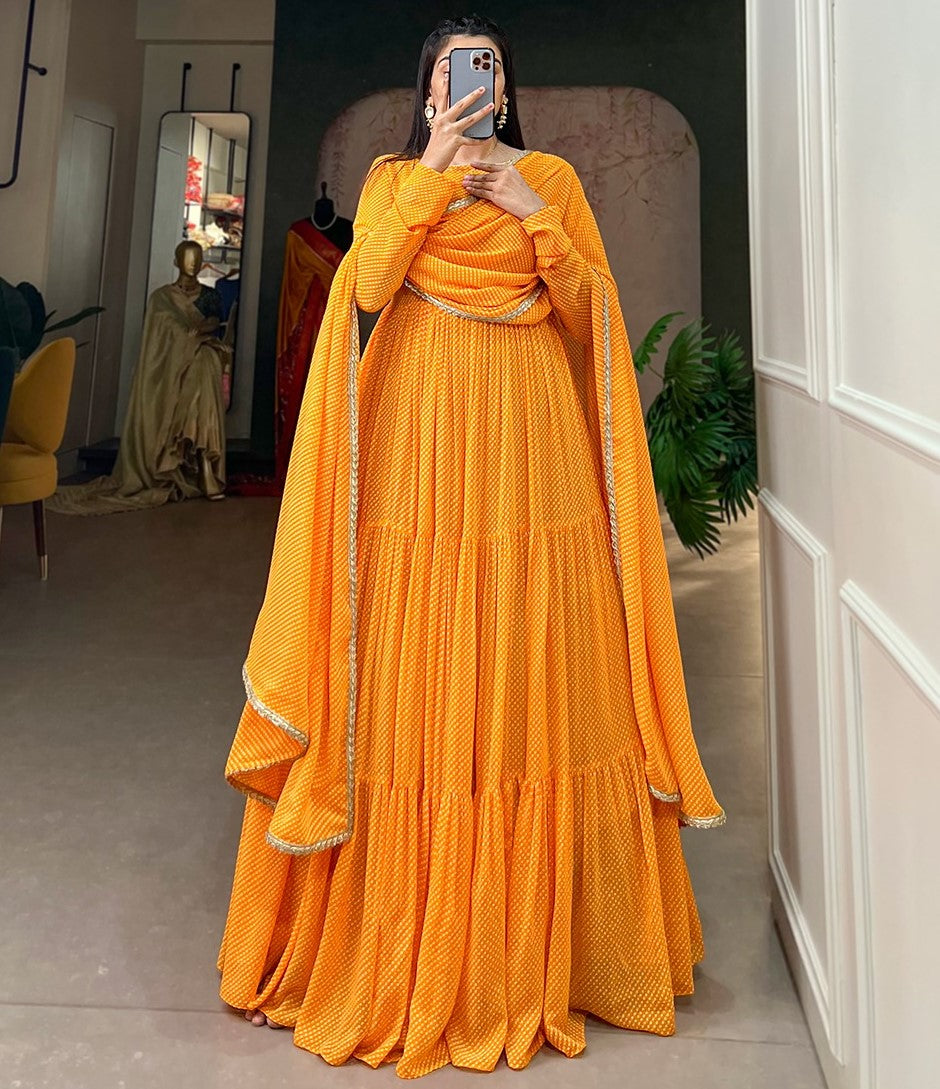 Georgette printed heavy flair long gown Yellow Free Size
