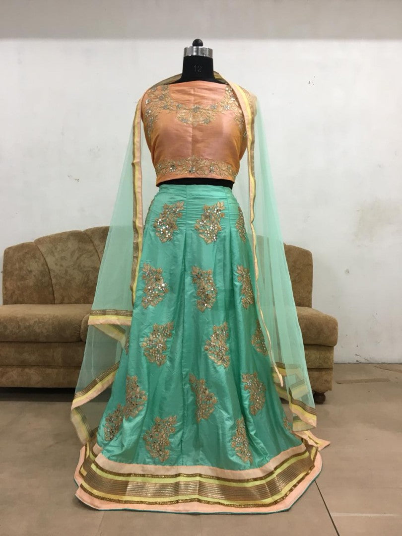 Zarin khan designer embroidered pista green paper silk bollywood style lehenga