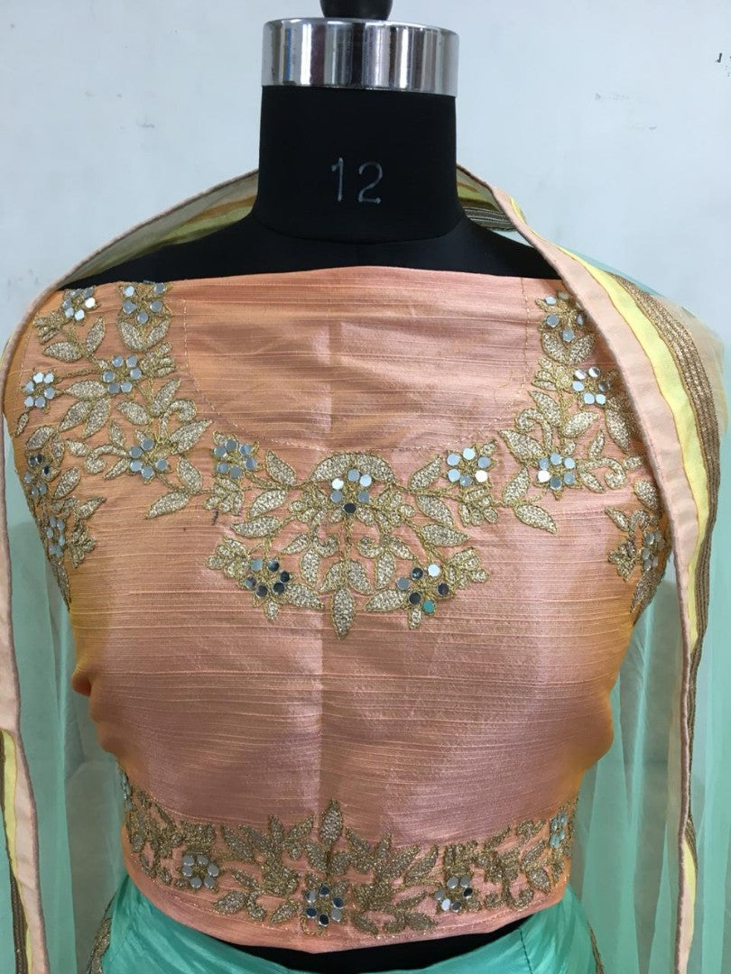 Zarin khan designer embroidered pista green paper silk bollywood style lehenga