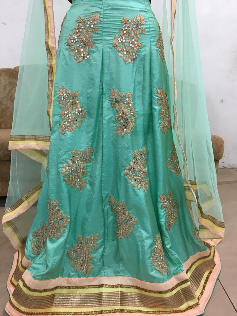 Zarin khan designer embroidered pista green paper silk bollywood style lehenga