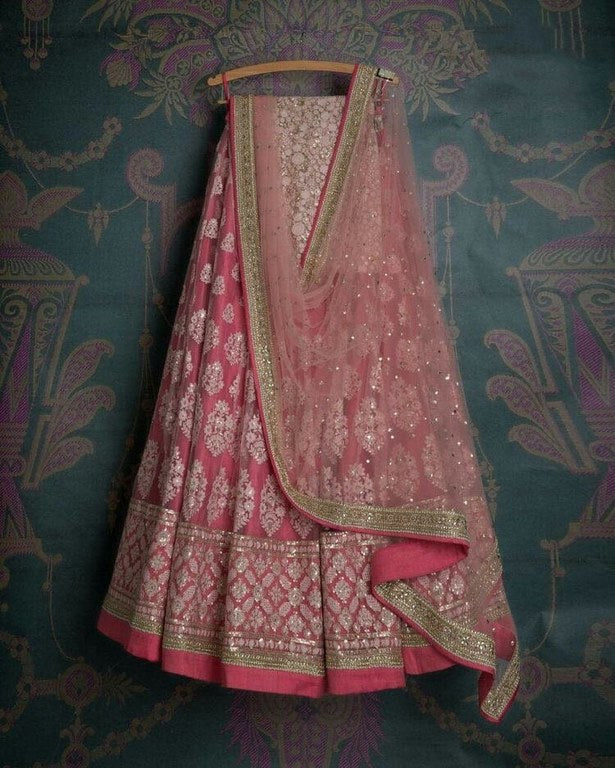 Pink net with full sequence embroidery work lehenga