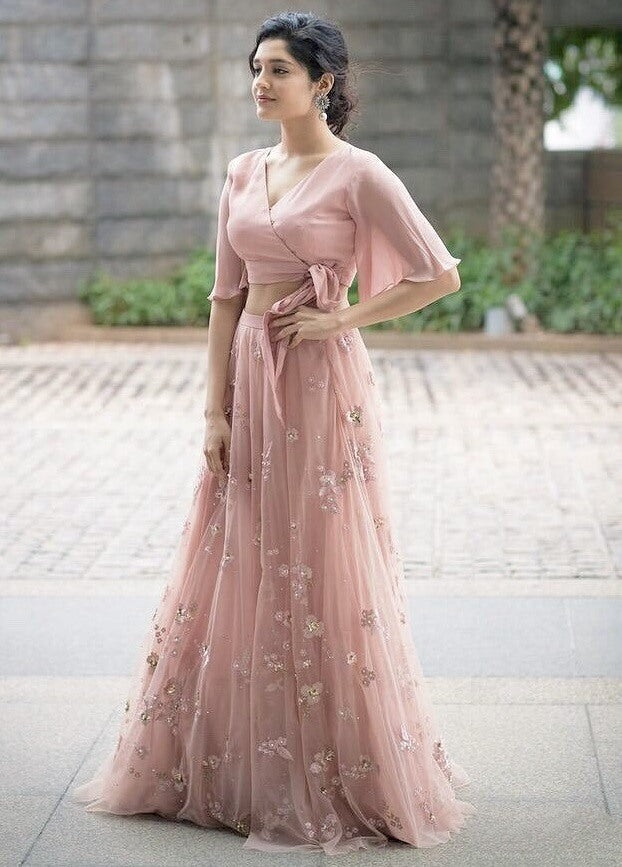 dusty rose georgette crop top lehenga