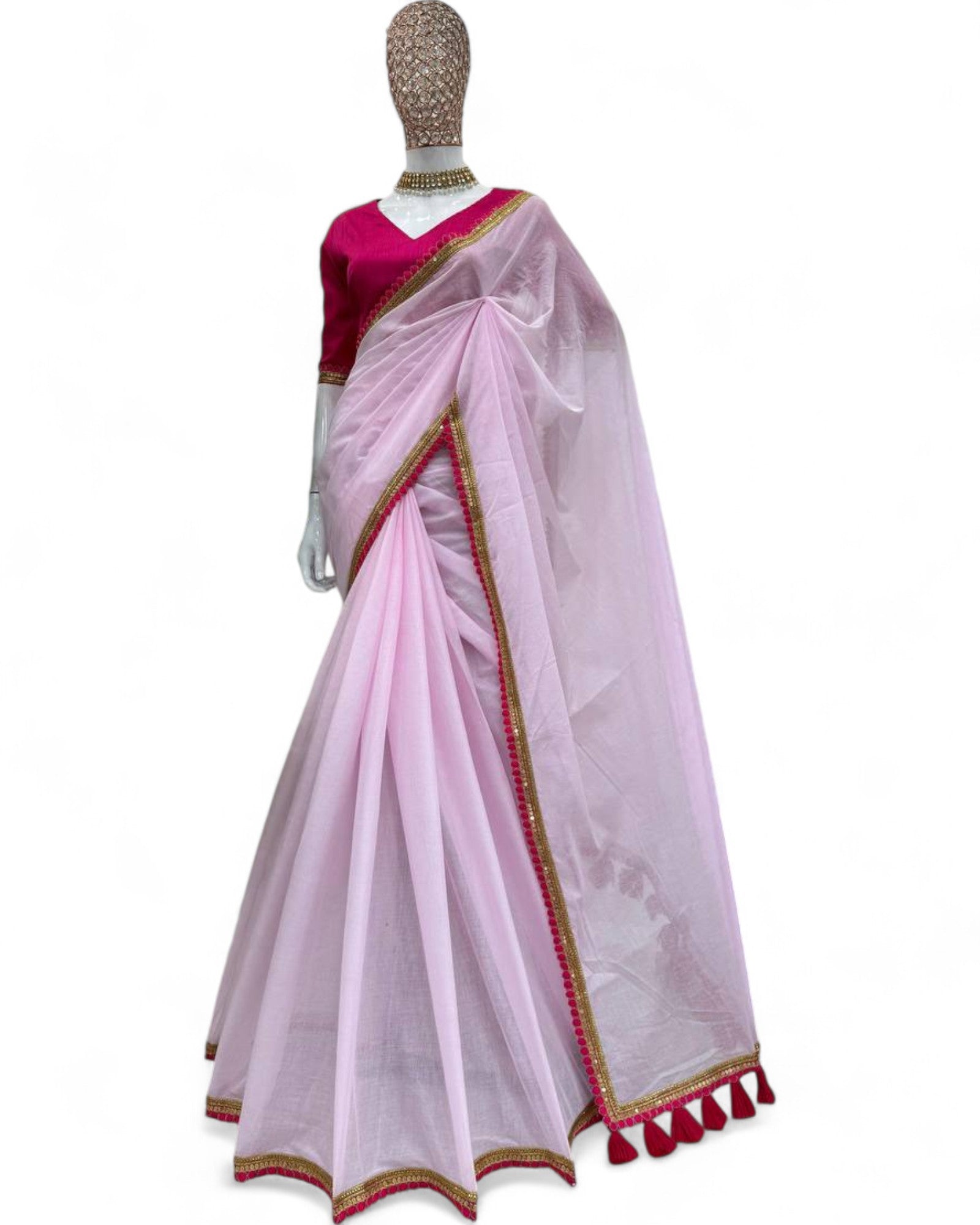 Baby Pink Mul Cotton Saree with Fancy Lace and Latkan on Pallu