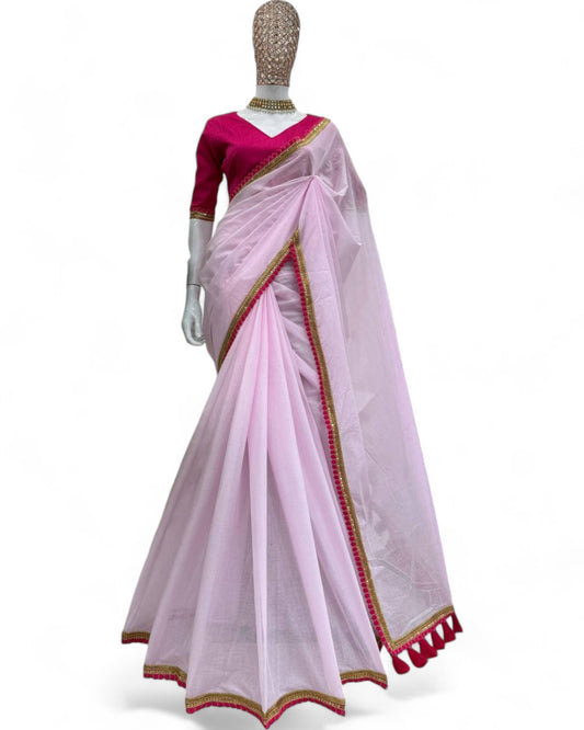 Baby Pink Mul Cotton Saree with Fancy Lace and Latkan on Pallu