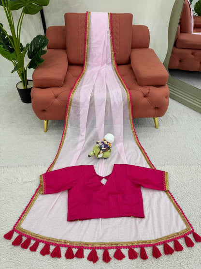 Baby Pink Mul Cotton Saree with Fancy Lace and Latkan on Pallu