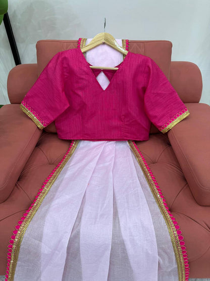 Baby Pink Mul Cotton Saree with Fancy Lace and Latkan on Pallu