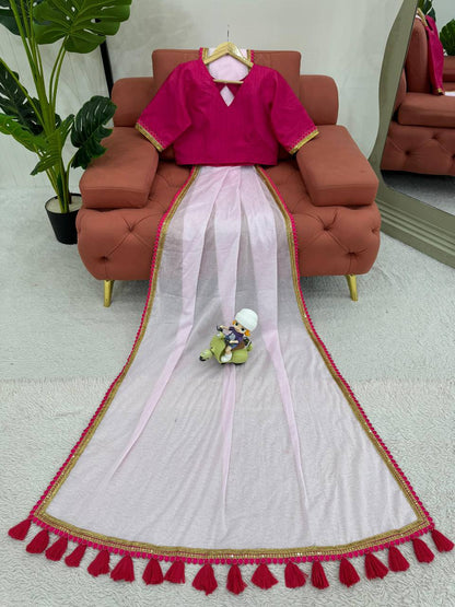 Baby Pink Mul Cotton Saree with Fancy Lace and Latkan on Pallu