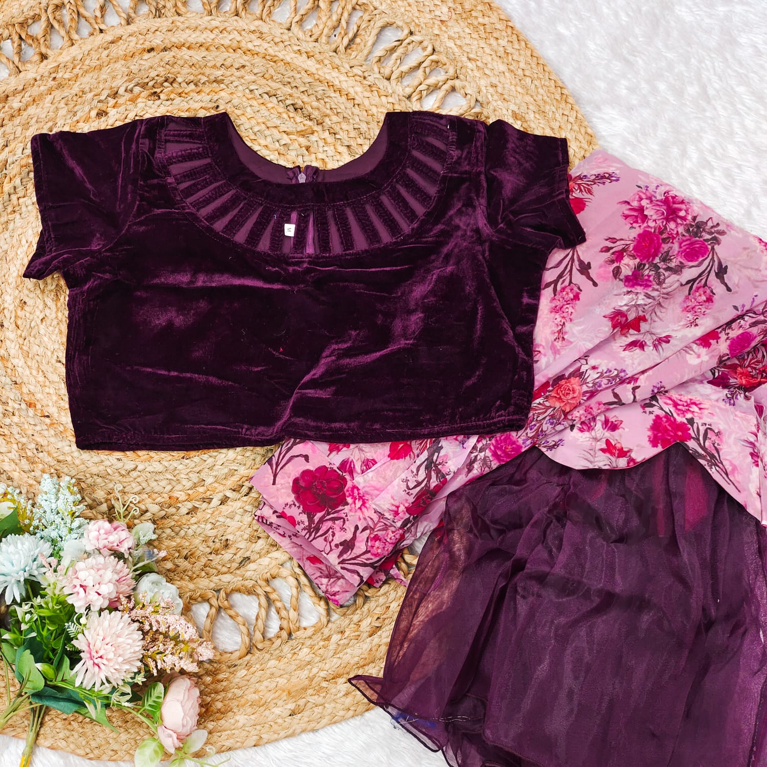 Baby pink floral printed crop top lehenga