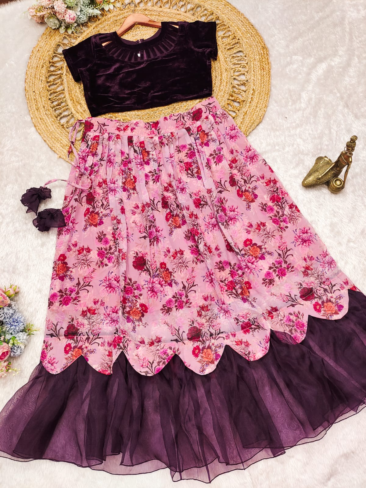 Baby pink floral printed crop top lehenga