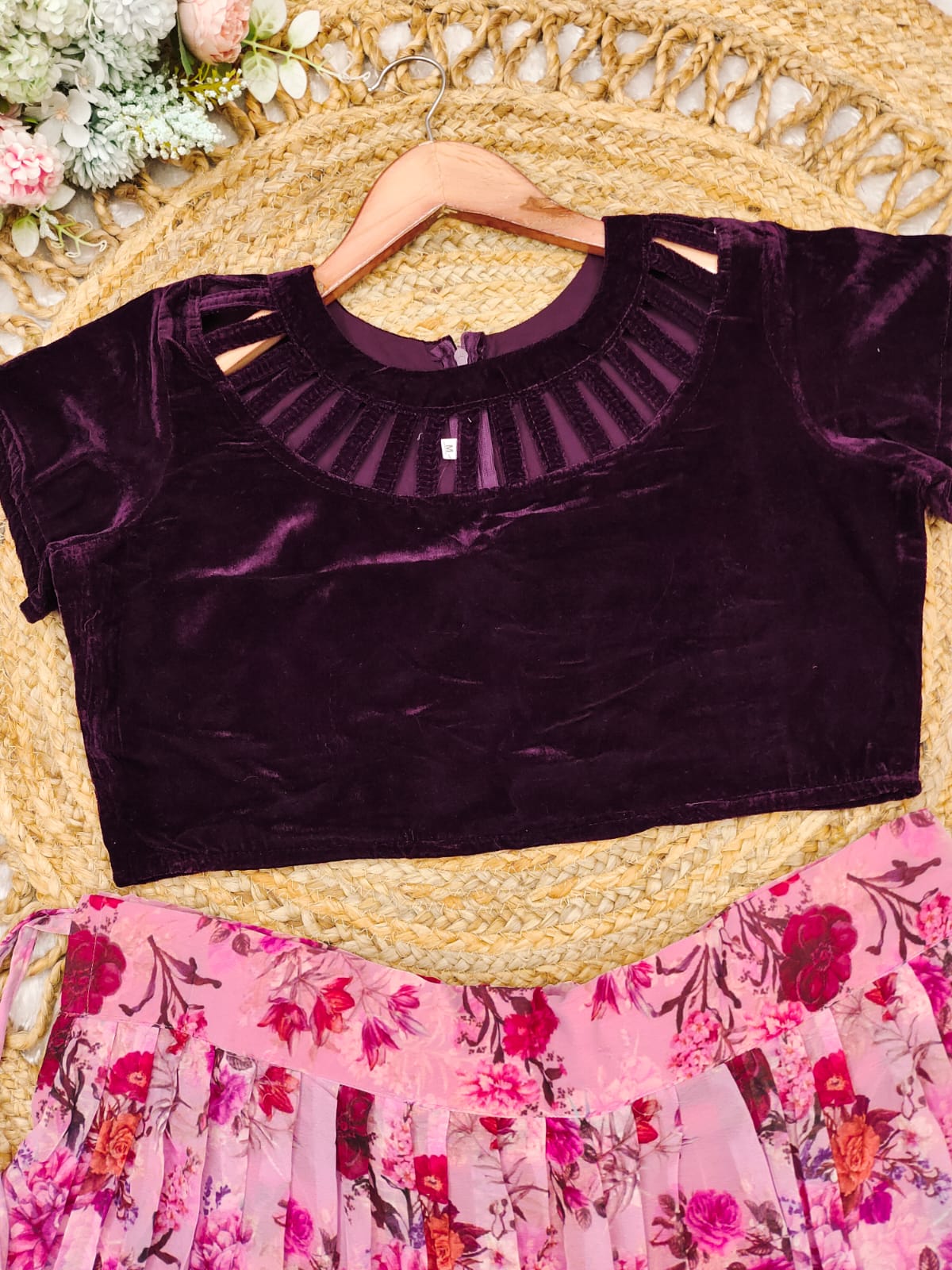 Baby pink floral printed crop top lehenga
