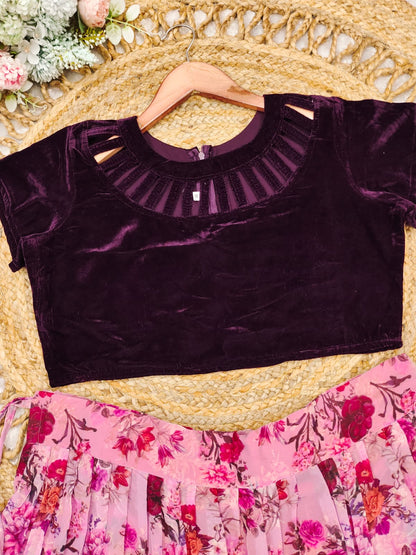 Baby pink floral printed crop top lehenga
