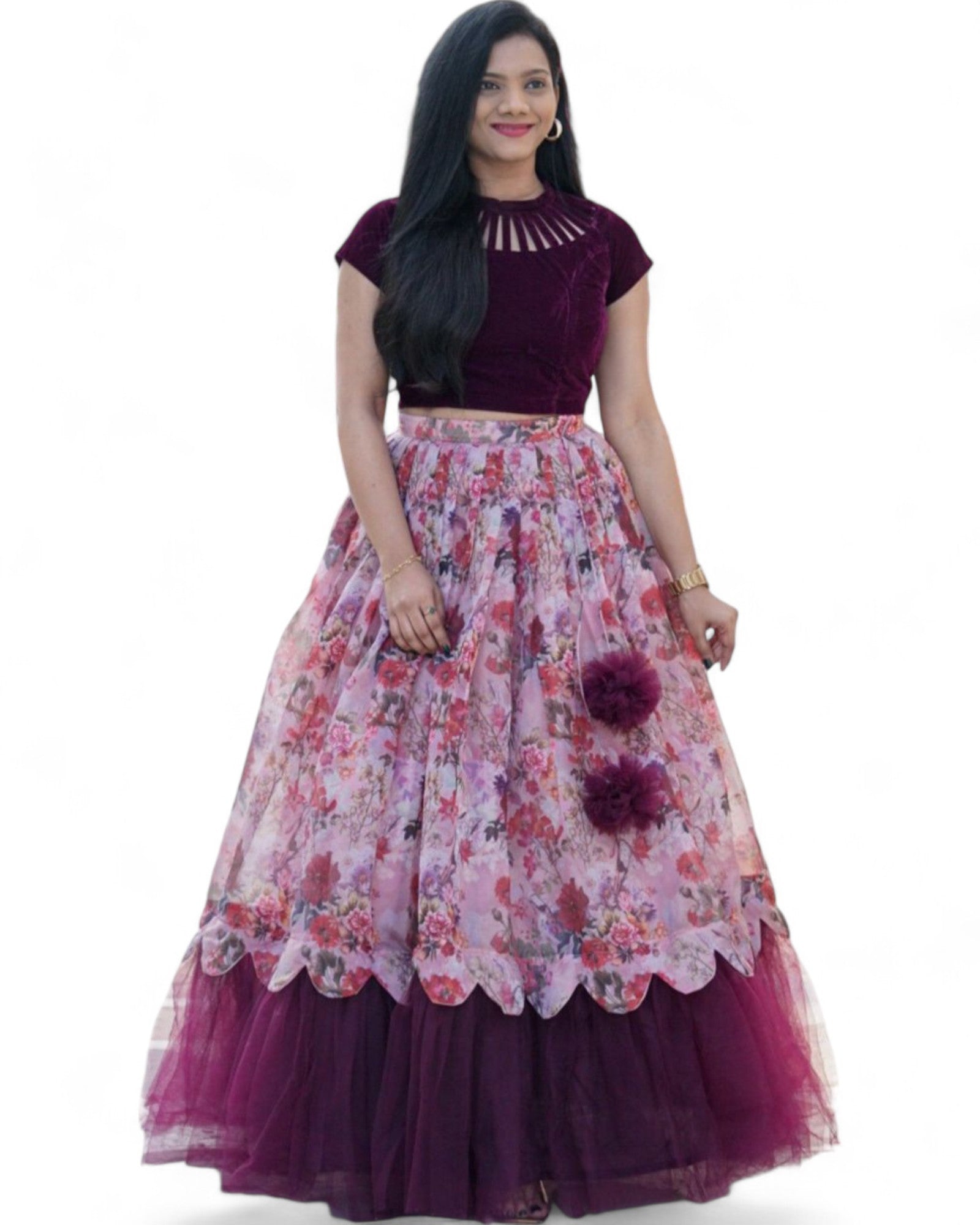 Baby pink floral printed crop top lehenga