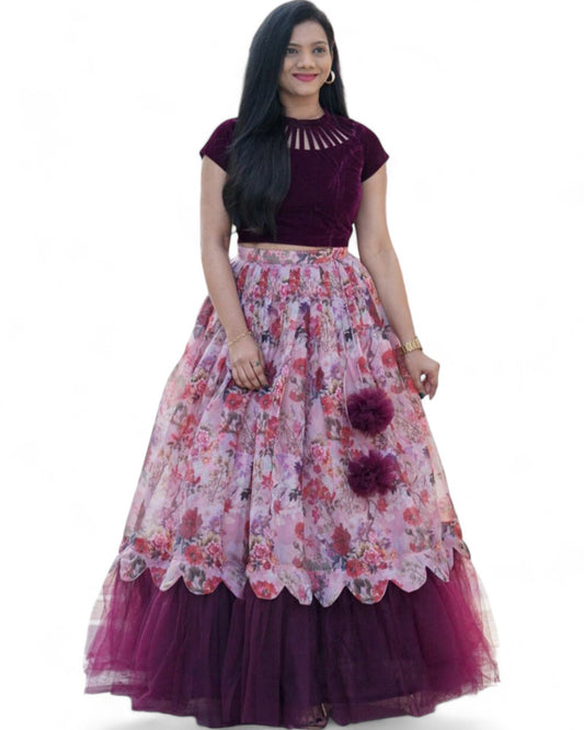 Baby pink floral printed crop top lehenga