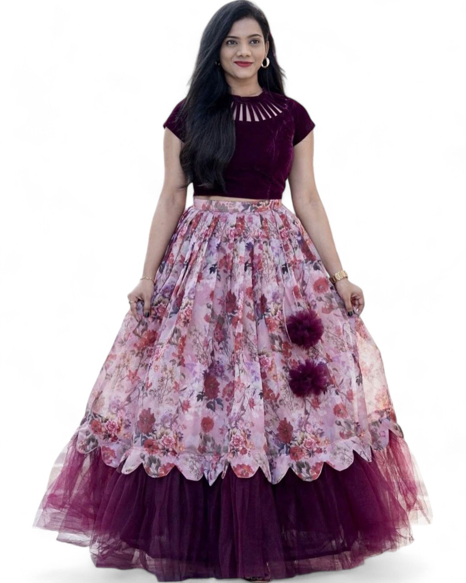 Baby pink floral printed crop top lehenga