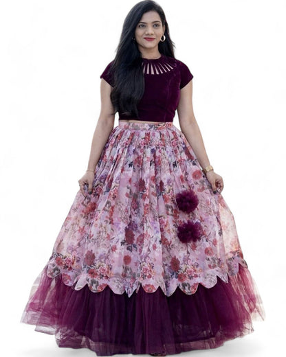 Baby pink floral printed crop top lehenga
