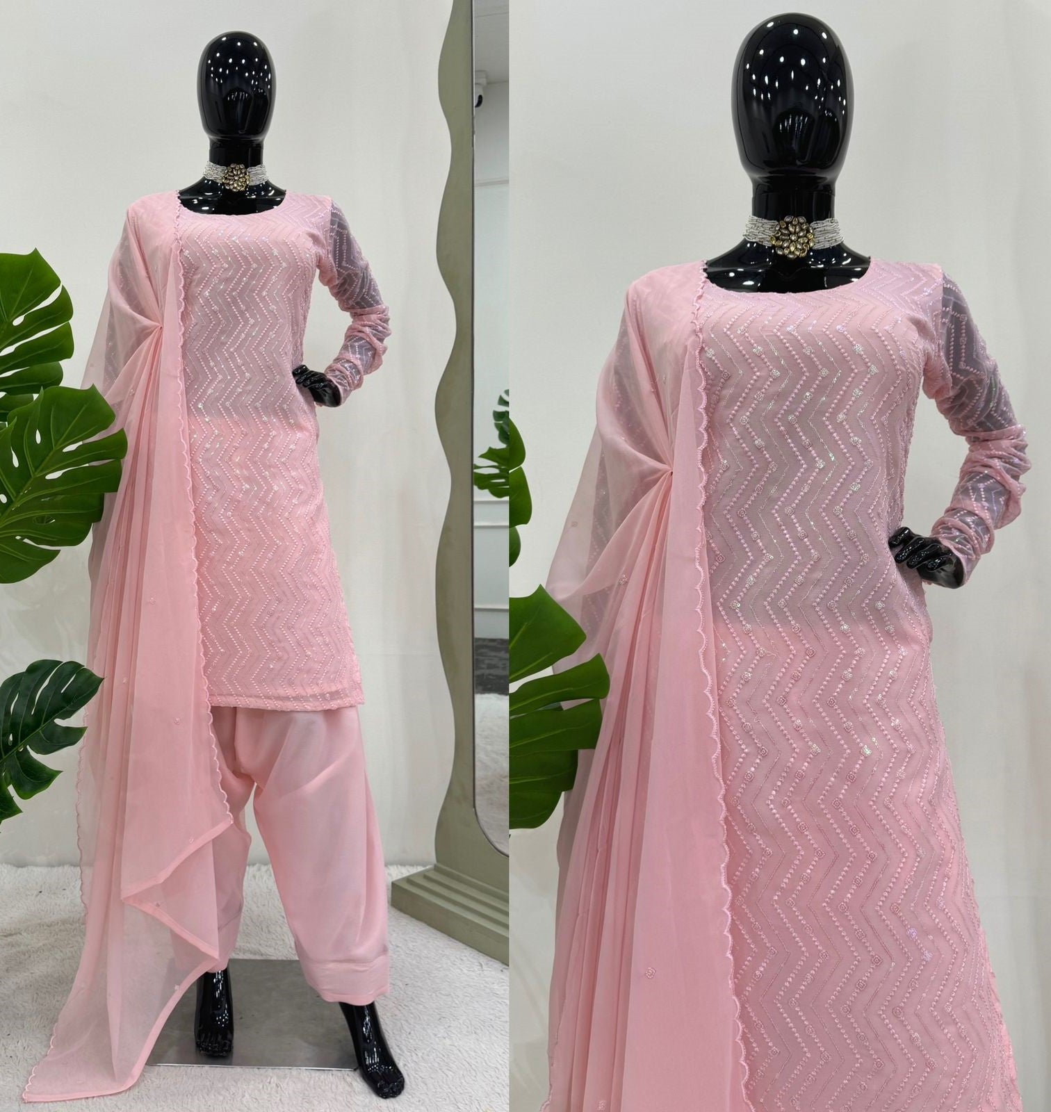 Baby pink georgette churidar stylish girlish salwar suit
