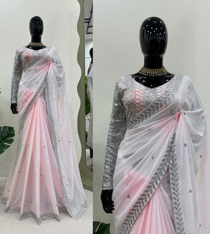 Baby pink georgette thread sequence work girlish designer saree