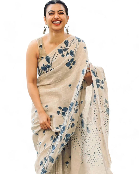 Beige linen cotton floral printed stylish saree