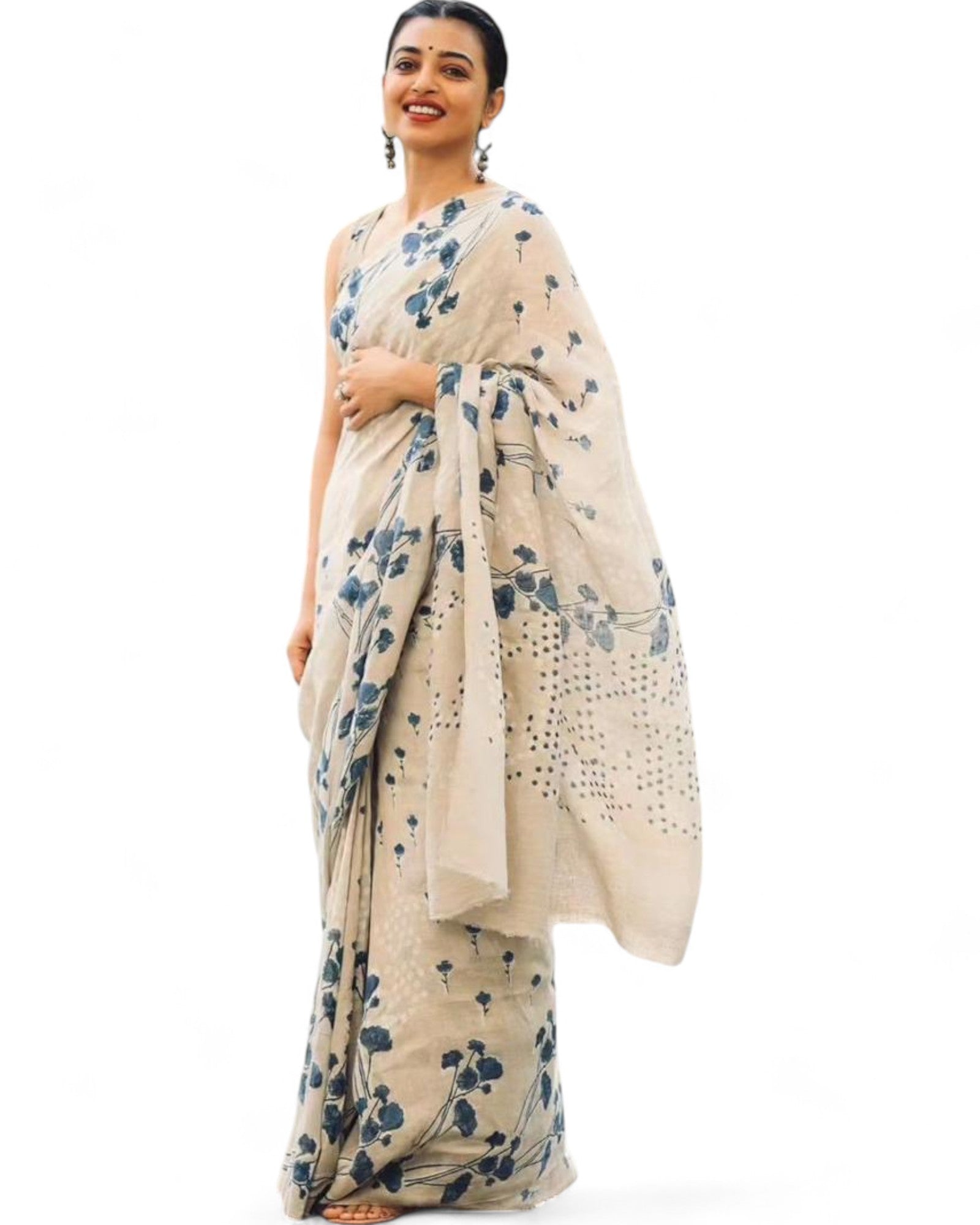 Beige linen cotton floral printed stylish saree