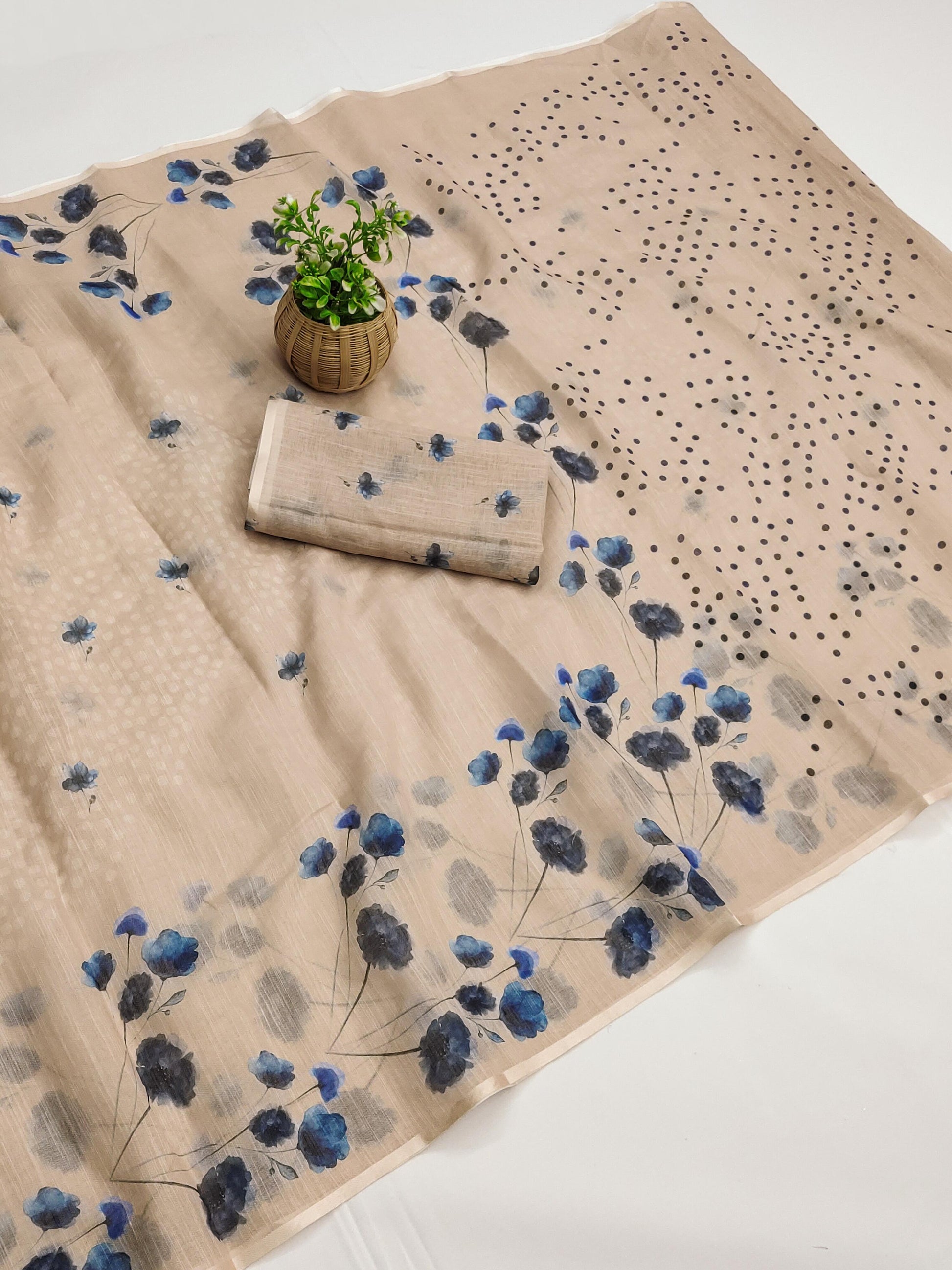 Beige linen cotton floral printed stylish saree