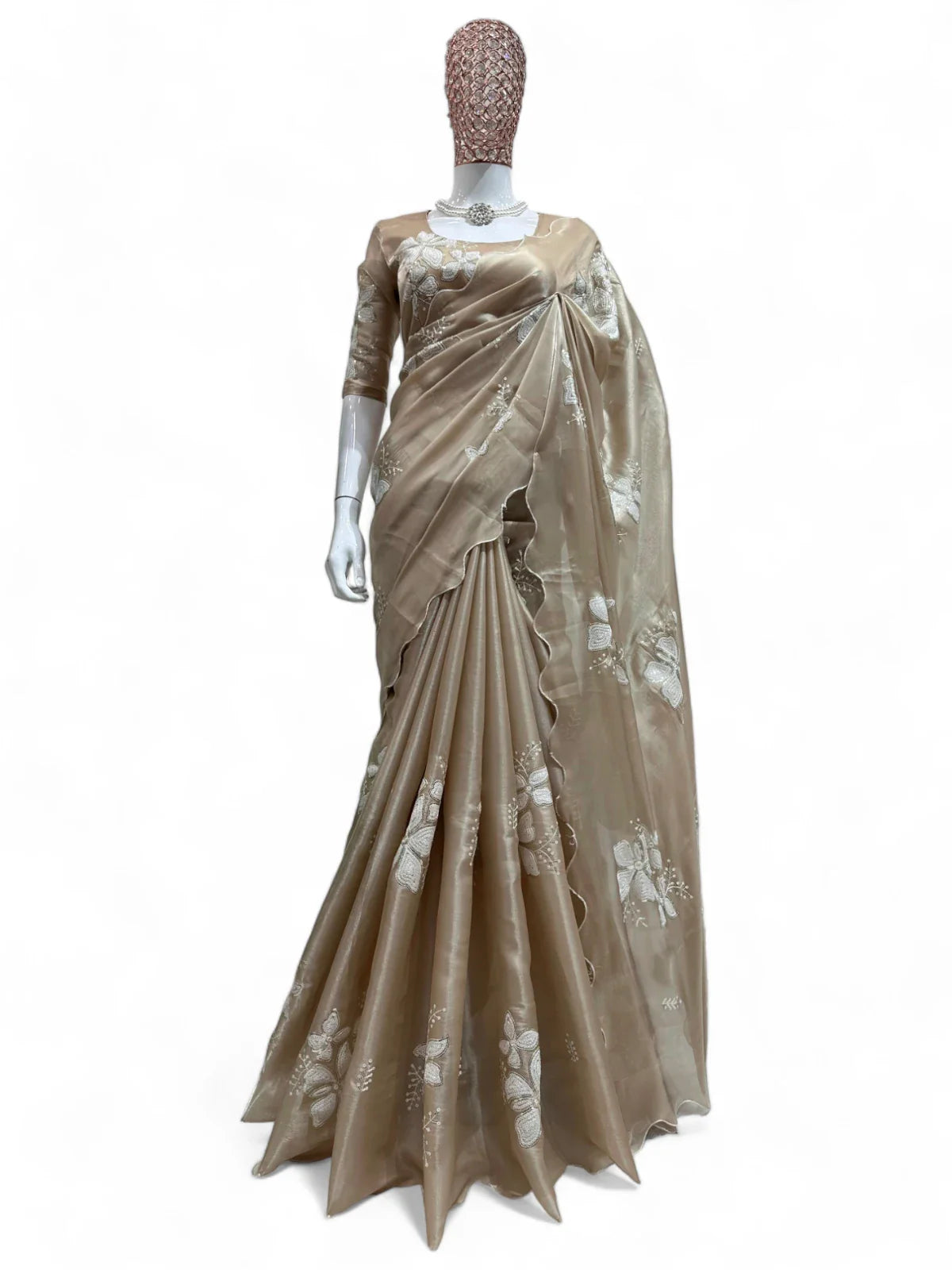 Beige jimmy choo designer ceremonial saree