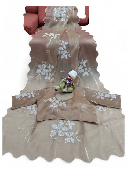 Beige jimmy choo designer ceremonial saree