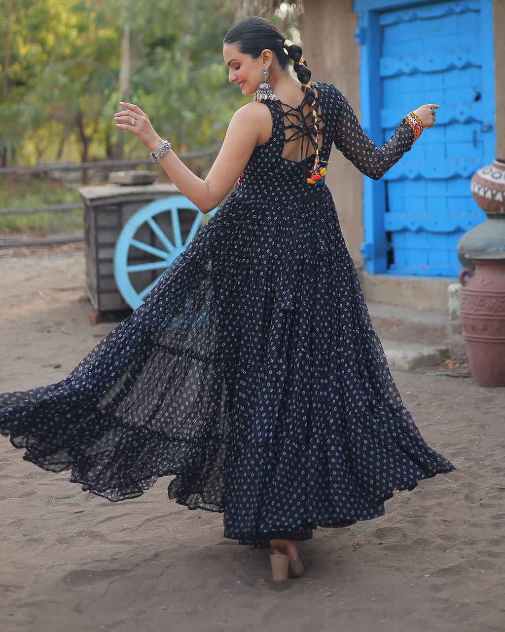 Bandhani print georgette gujarati garba navratri gown Black
