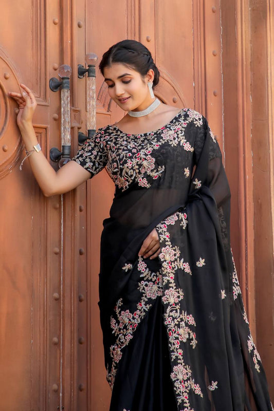 Black Designer Heavy Kasturi Silk Saree with Thread, Zari & Dori Work