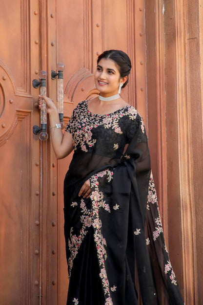 Black Designer Heavy Kasturi Silk Saree with Thread, Zari & Dori Work