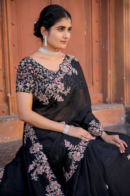 Black Designer Heavy Kasturi Silk Saree with Thread, Zari & Dori Work