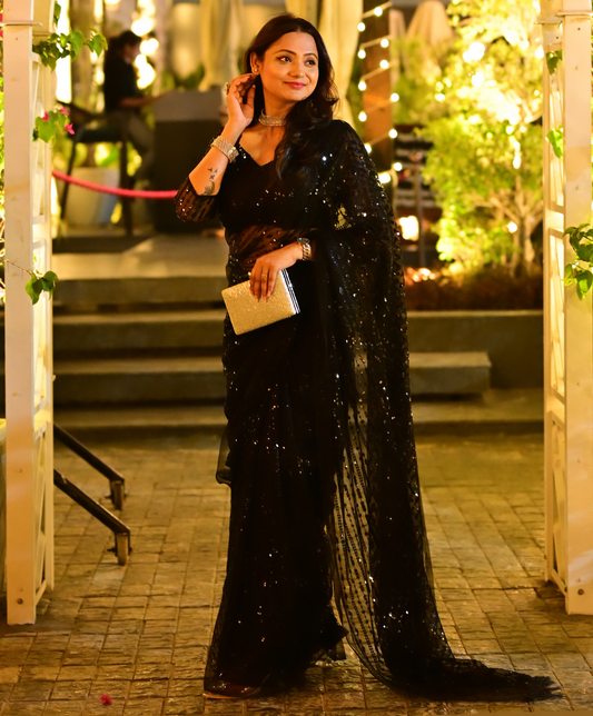 Black Net Heavy Sequins Thread Work Party Wear Designer Saree