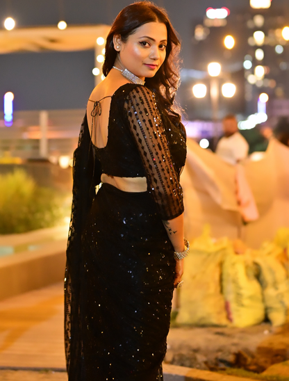 Black Net Heavy Sequins Thread Work Party Wear Designer Saree
