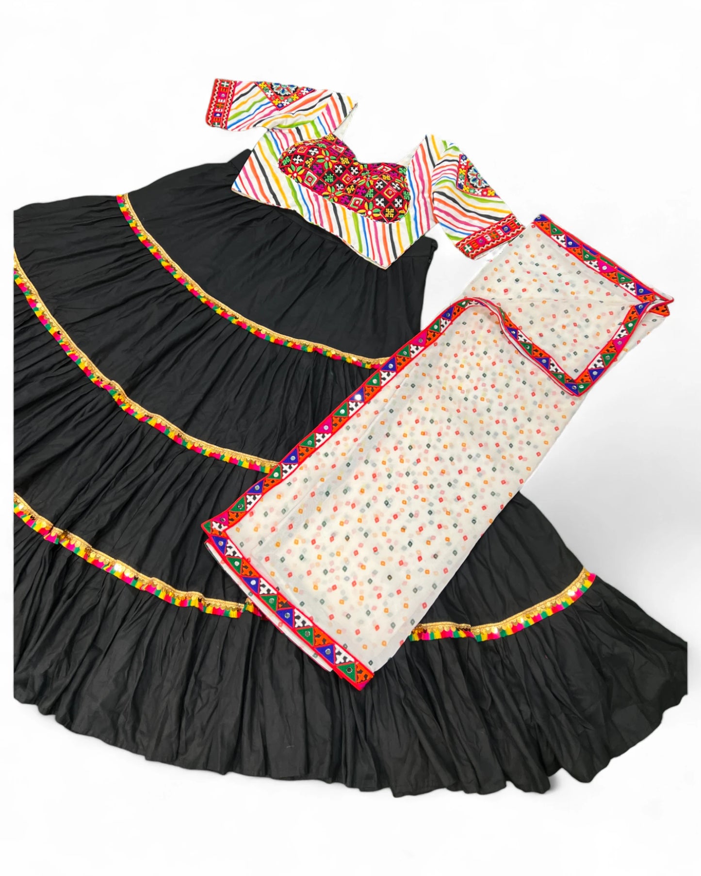 Black Rayon Navratri Gujarati Garba Lehenga Chaniya Choli with Stitched Blouse